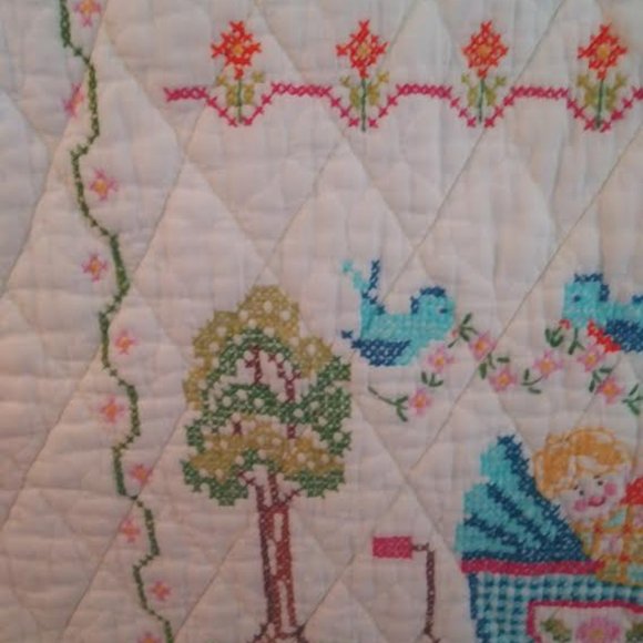Cross Stitch Embroidered Baby Blanket, Criblet, Wall Hanging, Hand Made, 54 X 32 - Picture 7 of 10